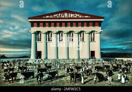 Dessin de reconstruction, champ de la véritable Olympieion, Temple de Zeus Olympien, 480 av. J.-C. Chrisuts, Vallée des temples, Agrigento, Sicile Banque D'Images