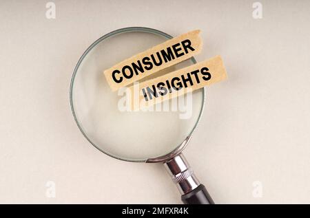 Sur la loupe se trouvent des bandes de papier avec l'inscription - Consumer Insights. Banque D'Images