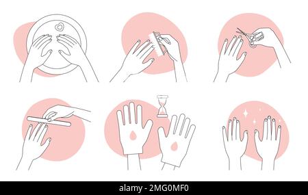 Les icônes de manucure à lignes fines définissent l'illustration vectorielle. Décrivez la vue de dessus des mains femelles tenant la lime à ongles, la brosse et les ciseaux à cuticules pour le soin des ongles et de la peau des bras, des outils et des gants à peler et à l'hygiène Illustration de Vecteur