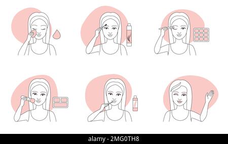 Les icônes de maquillage à lignes fines définissent l'illustration vectorielle. Outline filles appliquent sur le visage des produits de beauté avec éponge, palette et pinceau, peinture lèvres avec rouge à lèvres, étapes de maquillage pour la collection de personnages féminins Illustration de Vecteur