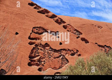 437 ensembles de trous formant des dessins mystérieux sur Uluru-Ayers Rock vus de la promenade de base. NT-Australie. Banque D'Images