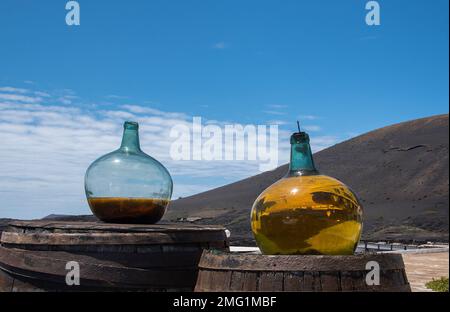 Afficher les bouteilles en dehors de Bodega dans la région viticole de la Geria, Lanzarote, îles Canaries Banque D'Images