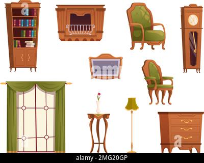 Mobilier ancien. Ancien style articles intérieurs fauteuils canapé étagères en bois bibliothèque modèles vectoriels exacts ensemble dans le style de dessin animé Illustration de Vecteur