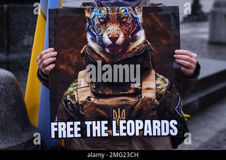 Cracovie, Pologne. 25th janvier 2023. Une femme tient la bannière "Free the Leopards" lors d'une manifestation de solidarité avec l'Ukraine sur la place principale le jour 336 de l'invasion russe sur l'Ukraine. Cracovie, Pologne sur 25 janvier 2023. Credit: Beata Zawrzel/Alay Live News Banque D'Images