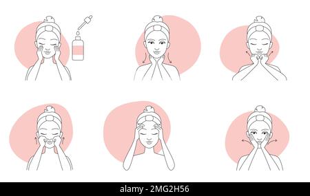 Les icônes de la ligne de massage facial définissent l'illustration vectorielle. Instructions et guide de soin de la peau et de soin de beauté routine de caractère féminin, croquis abstraits de détox massage de levage pour le visage des filles Illustration de Vecteur