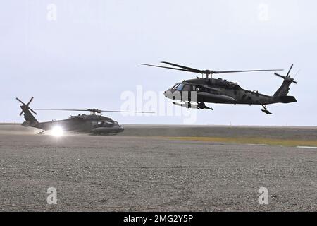 Une paire d'hélicoptères UH-60 Black Hawk décollage de l'aéroport de Deadhorse, en Alaska. Les « dragons volants » du Bataillon de l’aviation de soutien général (1-52nd) ont déployé les deux Black Hawks et deux hélicoptères CH-47 Chinook avec environ 25 membres du personnel de soutien sur le versant nord où ils ont pratiqué des opérations de chargement de harnais et de vol à longue portée autour de Prudhoe Bay au cours d’une session d’entraînement d’une semaine dans l’Arctique de l’Alaska. (Photo de l'armée/John Pennell) Banque D'Images