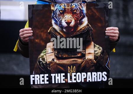 Cracovie, Pologne. 25th janvier 2023. Une femme tient la bannière "Free the Leopards" lors d'une manifestation de solidarité avec l'Ukraine sur la place principale le jour 336 de l'invasion russe sur l'Ukraine. Cracovie, Pologne sur 25 janvier 2023. (Credit image: © Beata Zawrzel/ZUMA Press Wire) USAGE ÉDITORIAL SEULEMENT! Non destiné À un usage commercial ! Banque D'Images