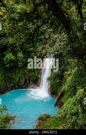 Cascade le long du Rio Celeste (rivière bleu ciel) de couleur turquoise au parc national du volcan Tenorio. Banque D'Images