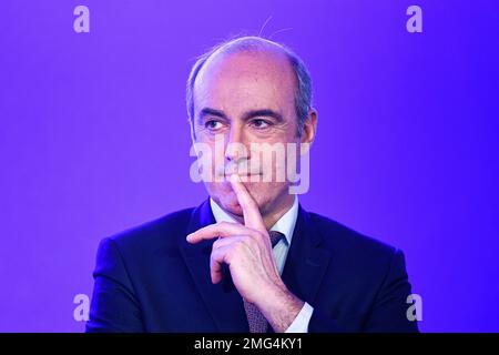 Paris, France. 24th janvier 2023. Olivier Marleix lors de la présentation de la nouvelle équipe de direction du parti de droite français les Républicains, à Paris, France sur 24 janvier 2023. Crédit : Victor Joly/Alamy Live News Banque D'Images