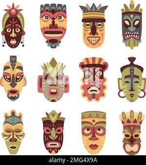 Masque tiki africain plat ethnique, masques polynésiens d'idoles hawaïennes. Décoration tribale indigène, totem visage aborigin art traditionnel Sculpture en bois élégante Illustration de Vecteur
