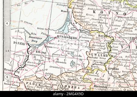 1902/3 carte de l'Atlas des frontières territoriales de la Prusse orientale et de la ville de Konigsberg (Kaliningrad). Pour l'Empire allemand, le trou de Sulawalki, la mer de Danzig. Banque D'Images