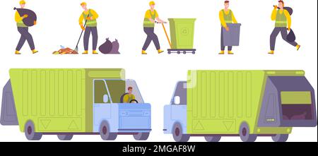 Les employés du service des ordures. Employé de la gestion des déchets et camion de déchets, nettoyage routes balayeuses collecteur environnement recycler déchets nettoyage voiture de vidage, illustration vecteur gestion des déchets d'entretien déchets Illustration de Vecteur