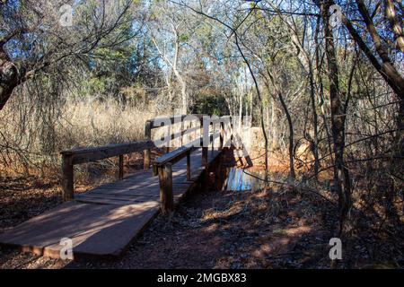 Pont en bois de cèdre au-dessus d'un petit ruisseau dans un parc naturel Abilene State Park Texas Banque D'Images