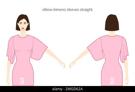 Kimono manches longueur coude vêtements caractère belle dame en rose haut, chemise, robe technique mode illustration, ajusté. Modèle de vêtements plats à l'avant et à l'arrière. Femmes, hommes unisex CAD maquette Illustration de Vecteur