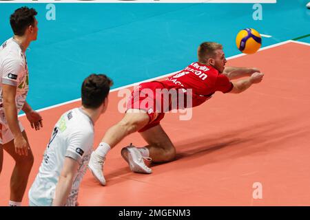 Modène, Italie. 25th janvier 2023. Gage Thoma Worsley (SVG Luneburg) pendant Valsa Group Modène vs SVG Luneburg, Volleyball coupe CEV hommes à Modène, Italie, 25 janvier 2023 crédit: Agence de photo indépendante/Alamy Live News Banque D'Images