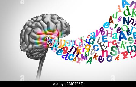 La lecture et l'alphabétisation et l'éducation ou la santé mentale comme un cerveau avec des lettres de l'alphabet représentant l'apprentissage à la lecture et à la compréhension aussi bien. Banque D'Images