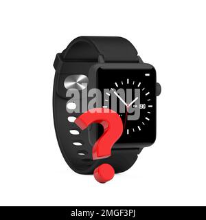 Montre Smart Watch moderne noire avec bracelet et point d'interrogation rouge sur fond blanc. 3D rendu Banque D'Images