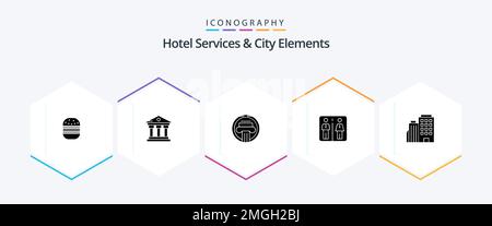 Services de l'hôtel et City Elements 25 Glyph Icon pack comprenant l'hôtel. machine. colonne. ascenseur. grec Illustration de Vecteur