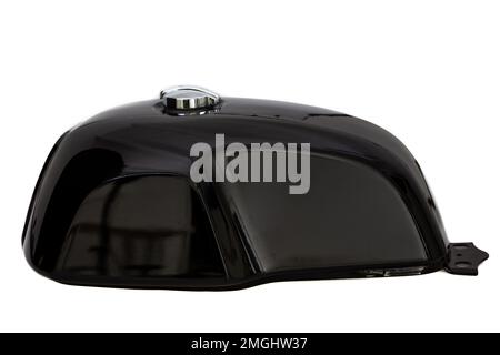 Moto réservoir de carburant noir gros plan de la moto vintage de course de café isolé dans la vue latérale sur fond blanc Banque D'Images