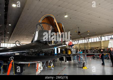 Les membres de l'escadron de maintenance des aéronefs 575th et 809th travaillent sur un T-38 dans le cadre du programme d'inspection et d'entretien (TRIM) de Talon, le 24 août 2022, à la base conjointe San Antonio-Randolph, Texas. Le programme D'AJUSTEMENT sera exécuté sur 190 appareils T-38. Cette fonctionnalité permet une maintenance localisée au niveau du dépôt pour remplacer ou réparer les pièces clés. Banque D'Images