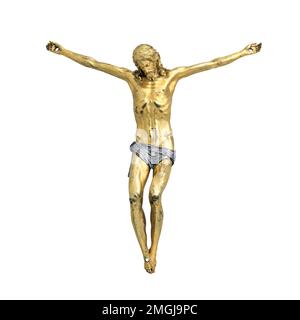 Jésus Christ corpus d'un crucifix isolé sur fond blanc, vue de face image couleur Banque D'Images