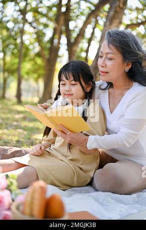 Portrait, une heureuse grand-mère asiatique racontant des histoires, lisant assez des histoires à sa adorable petite-fille tout en pique-niquant dans le parc ensemble. bonne famille Banque D'Images