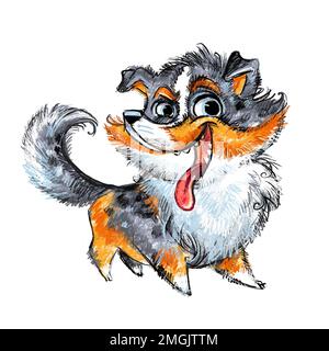 Adorable personnage amusant de chien de dessin animé. Shetland Sheepdog Breed Raster illustration isolatwd sur fond blanc. Pour l'impression, le design, la sublimation, les autocollants, Banque D'Images