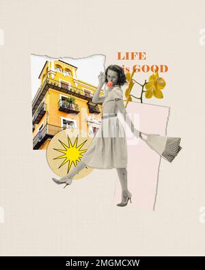 Activité shopping. Ventes. Collage d'art contemporain d'une belle femme à la mode avec un sac de shopping à la traversée piétonne. Concept d'art Banque D'Images