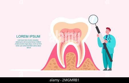 Dentiste Character Care of Big White Tooth.Dental Clinic Background.Medicine Docteur travailler en stomatologie avec miroir intrabuccal, réflecteur dentaire.Oral sur Banque D'Images