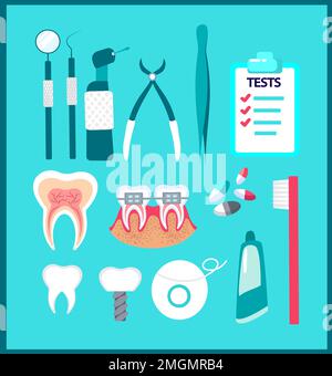 Jeu d'icônes plates dentaires. Illustration vectorielle pour la dentisterie et l'orthodontie. Équipement de stomatologie, outils de dentiste, brosse à dents et dentifrice, bretelles, T-shirt Banque D'Images