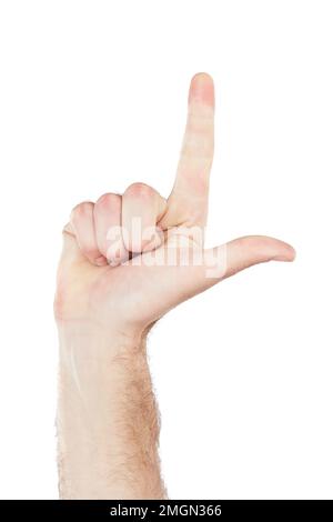 Professeur, main ou compter les doigts dans la solution mathématique, la résolution de problèmes ou l'ajout d'éducation sur fond blanc isolé. Zoom, modèle ou homme Banque D'Images