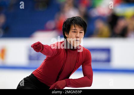 Adam SIAO HIM FA (FRA), au cours du programme Men Short, aux Championnats européens de patinage artistique 2023 de l'UIP, à Espoo Metro Areena, on 25 janvier 2023, à Espoo, Finlande. (Photo de Raniero Corbelletti/AFLO) Banque D'Images