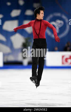 Adam SIAO HIM FA (FRA), au cours du programme Men Short, aux Championnats européens de patinage artistique 2023 de l'UIP, à Espoo Metro Areena, on 25 janvier 2023, à Espoo, Finlande. (Photo de Raniero Corbelletti/AFLO) Banque D'Images