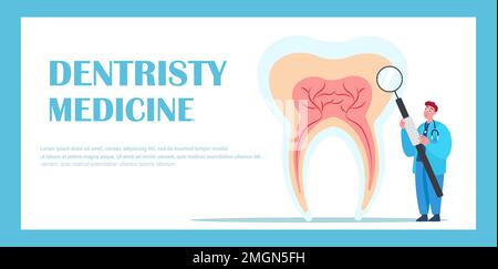 Soins du personnage du dentiste de Big White Tooth. Contexte de la clinique dentaire. Médecine les gens travaillent en Stomatology avec la brosse à dents et le dentifrice. Chirurgie buccale Banque D'Images