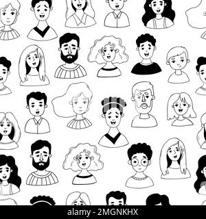 Motif sans couture avec les visages des peuples. Portraits de femmes, de filles, de hommes et d'enfants sur fond blanc. Illustration vectorielle en forme de doodle pour des Illustration de Vecteur