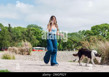 la jeune femme colombienne de latina, vêtue de bleu et de cheveux longs, parle au téléphone et marche avec son chien collie frontière, marchant dans le parc Banque D'Images