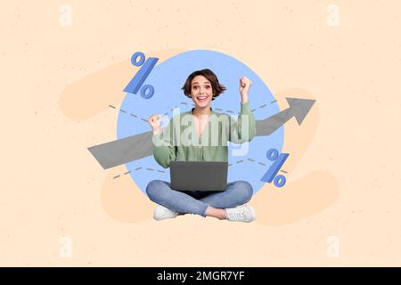 Illustration de collage photo créative d'une femme heureuse impressionnée assise avec un ordinateur portable claquant des poings isolés sur un fond de couleur pastel Banque D'Images