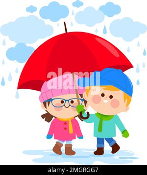 Enfants, un garçon et une fille vêtus de vêtements chauds, debout sous la pluie sous un parapluie rouge. Illustration vectorielle Illustration de Vecteur