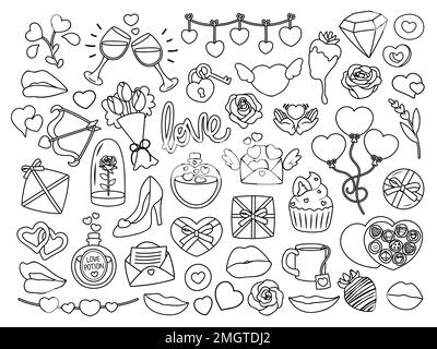 Collection d'objets et d'articles de Saint-Valentin simples et mignons. Illustrations vectorielles noir et blanc pour colorier. Illustration de Vecteur