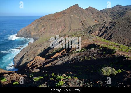 Côte volcanique et rocheuse près d'Alojera, la Gomera, îles Canaries, Espagne. Photo prise d'un sentier de randonnée menant à Playa del Trigo (plage del Trigo Banque D'Images