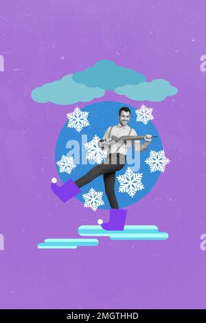 Image de collage vertical de positif gai noir blanc gamma gars tenir parapluie porter des bottes peintes flocons de neige isolés sur le dessin fond violet Banque D'Images
