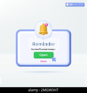 Symboles d'icône de bannière de la page Notifications de rappel. Publicité, planification des affaires, événements, lettre de rappel concept de courriel en ligne. 3D vecteur isolé illu Illustration de Vecteur