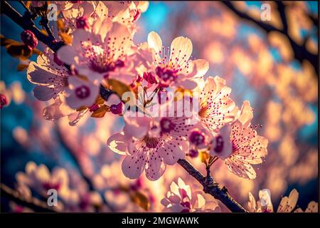 Une branche de fleur de cerisier au foyer, avec un arrière-plan flou de l'arbre entier en pleine floraison, créant une atmosphère rêveuse et éthérée Banque D'Images