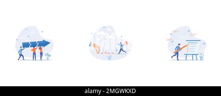 Travail d'équipe reliant puzzle métaphore du puzzle de résoudre le problème ensemble, suivez l'argent, plan d'action étape par étape liste de contrôle pour progresser et terminer pr Illustration de Vecteur