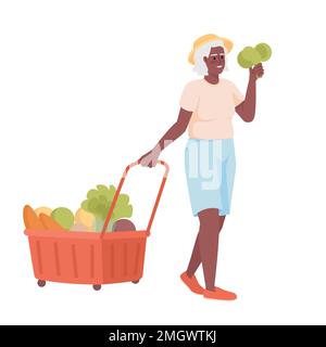 Femme senior avec chariot d'épicerie semi plat couleur vecteur caractère. Supermarché. Figure modifiable. Personne de corps entier sur blanc. Illustration de style de dessin animé simple Illustration de Vecteur