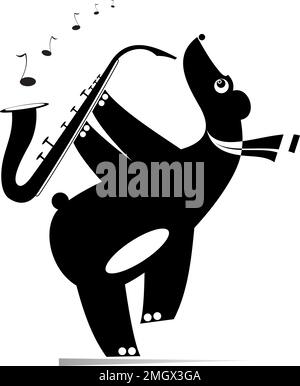 Ours drôle une illustration isolée saxophoniste. L'ours de dessin animé joue de la musique sur saxophone avec inspiration. Noir sur blanc Illustration de Vecteur