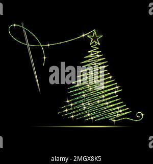 Aiguille à coudre avec fil vert brodé en forme d'arbre de Noël sur fond noir Illustration de Vecteur