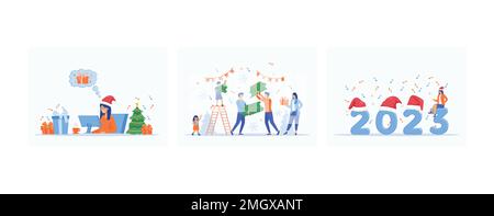 Femme achète des cadeaux de Noël magasin en ligne portant le chapeau du Père Noël, famille se préparer à célébrer Noël / le nouvel an en faisant le toget arbre de Noël Illustration de Vecteur