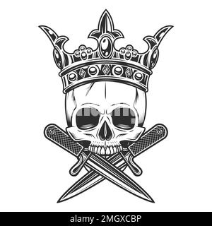 Crâne de roi de gangster dans la couronne avec couteau croisé dans l'illustration vectorielle isolée de style monochrome vintage. Squelette d'un prince bandit Illustration de Vecteur