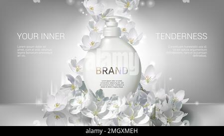 Affiche vectorielle blanche esthétique réaliste avec emballage de savon liquide et fleurs de jasmin tombant. Cosmétiques pour les soins de la peau lotion pour le corps, gel de lavage ou nettoyant en bouteille blanche avec pompe. Bannière promotionnelle du modèle Illustration de Vecteur